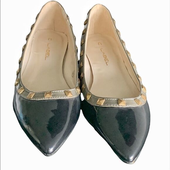 C.Label  Black Grey Patent Leather Rock Stud Flats 6.5 - Picture 2 of 8